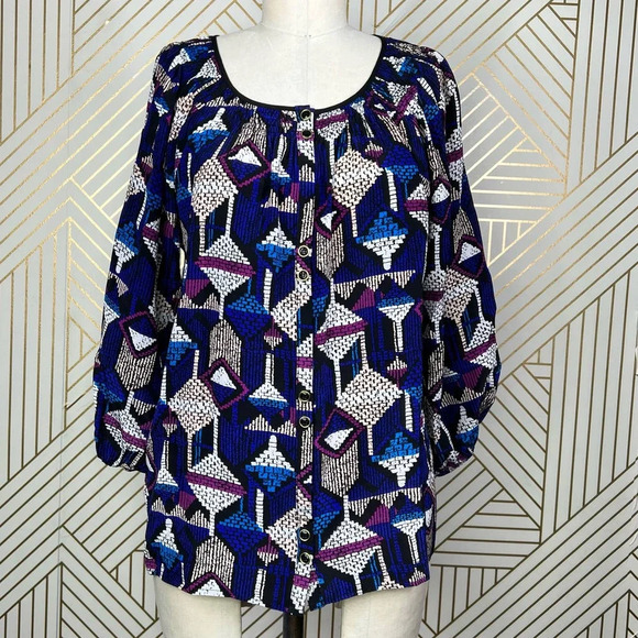 Yumi Kim Isi Geometric Smocked Button Front Printed Blouse Print Size US Medium - Picture 1 of 11